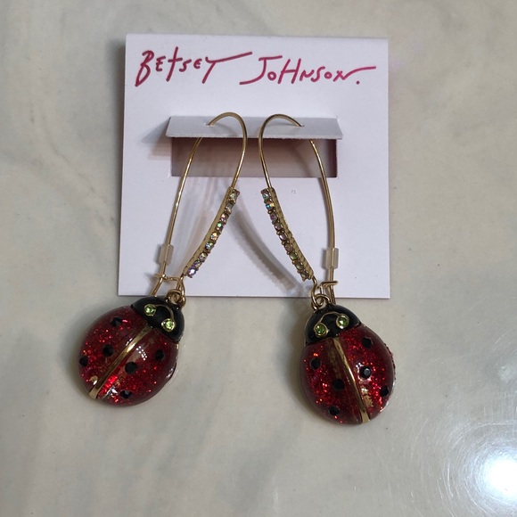 Betsey Johnson Red Glitter Resin Ladybug Drop Earrings Crystal Accents NWT - Picture 3 of 11